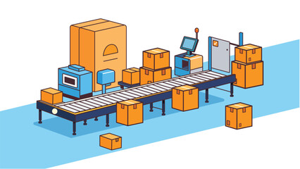 Industrial production line with conveyor, boxes and modern equipment, clean vector illustration about automation, packaging, distribution, logistics, supply chain and factory manufacturing process.