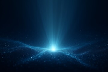 Ethereal glowing blue wave of light particles forming radiant energy flow with bright central burst symbolizing technology, innovation, quantum computing 