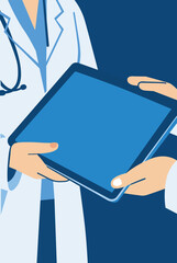 A doctor in a white coat and stethoscope holds a digital tablet, sharing information, medical records, teamwork, clinical services, and modern healthcare technology.