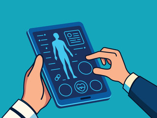 Doctor using a digital tablet with patient medical history and health data on screen, modern illustration about healthcare technology, digital medicine, telemedicine and futuristic diagnostics.