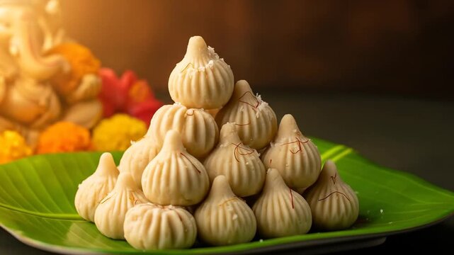 Slow Pan Across a Pyramid of Modak Sweets, a Traditional Offering for the Ganesh Chaturthi Festival.