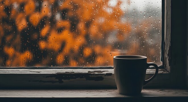 Hot Beverage by Rainy Window Autumn Mood Cozy Comfort