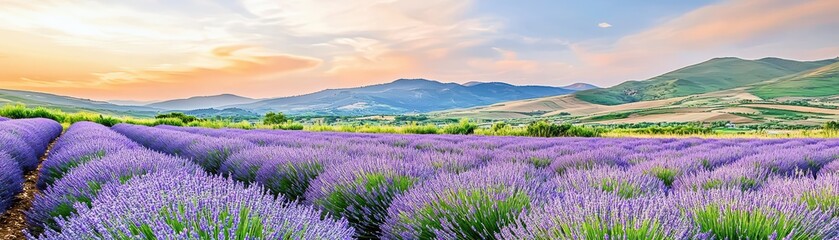 Obraz premium Vibrant Lavender Field Under Sunset Sky with Majestic Mountains in Background