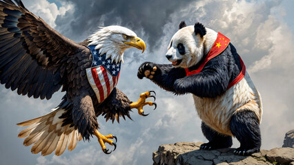 Trade war concept: A bald eagle decorated with American flag colors and a giant panda dressed in a red robe with the Chinese flag engaged in a fight on the edge of a cliff