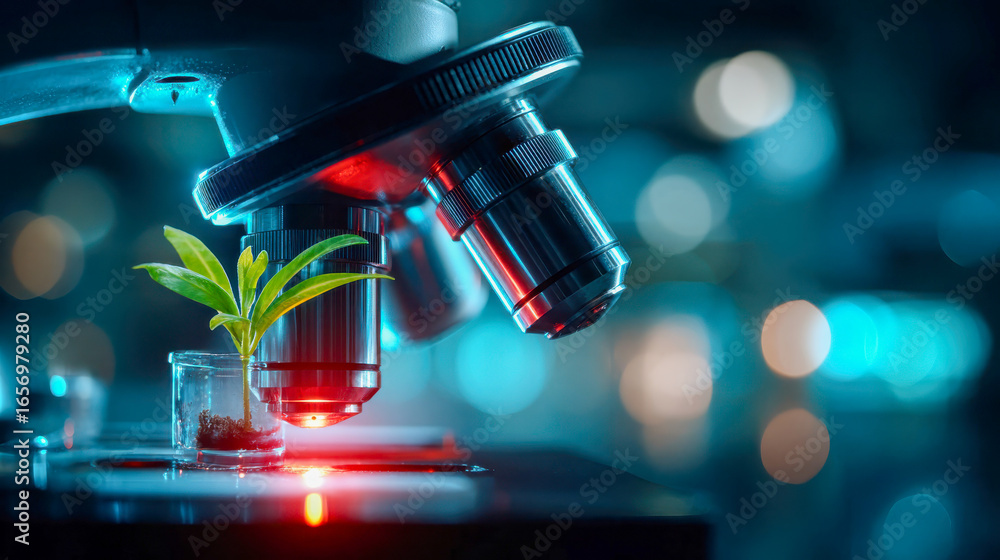 Poster close-up of a small green plant in soil under a microscope in a laboratory with bokeh lights
