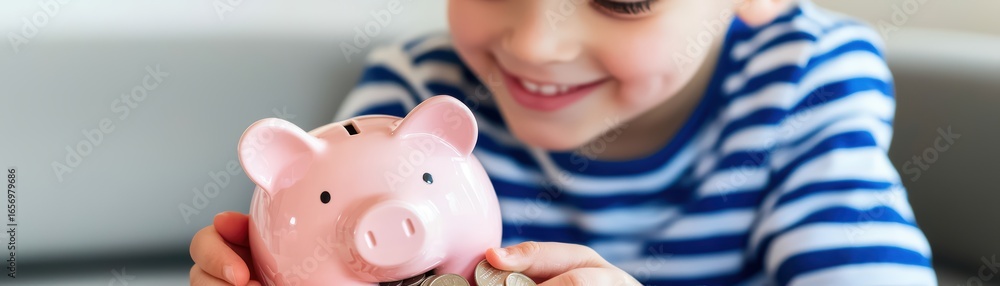 Poster happy child enjoying saving coins in a pink piggy bank while sitting on a couch with a joyful expres