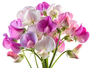 Fototapeta premium Bunch of pink, purple and white sweet pea flowers isolated on transparent background