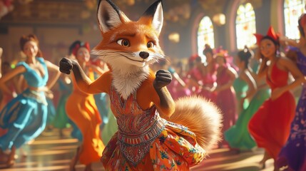 An image fox in group people. Video of fox dancing in costume. Studio with a mirror of creativity and passion. A picture of a fox among a crowd lifestyle of individuals.