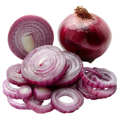 Fototapeta premium A group of sliced and whole red onions on a dark surface