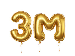 Golden 3m balloons celebrating three million followers or subscribers isolated on transparent background
