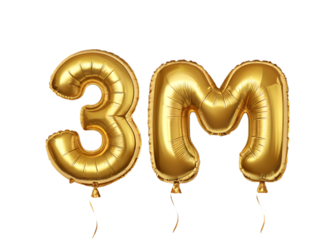 Golden 3m balloons celebrating three million followers or subscribers isolated on transparent background