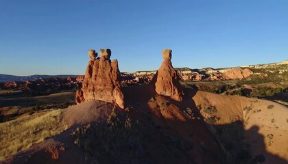 Red rock formations in a sunlit landscape.