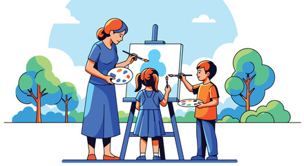 Naklejka premium Adobe illustrator artwork vector illustration. A family with a mother and two children painting outdoors in a park on a sunny day. The illustration has a flat, minimalist style