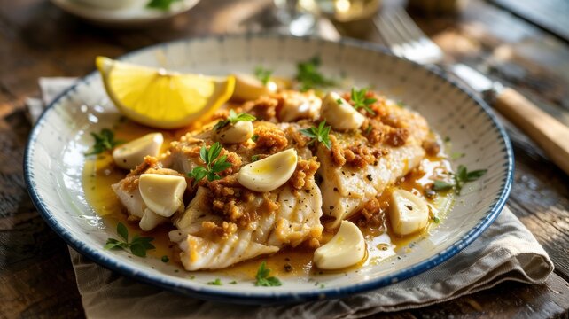 The national dish of the Argentine cuisine. Filete de Corvina al ajillo &ndash; fried corvina fillet in breadcrumbs with lots of garlic in coconut oil.