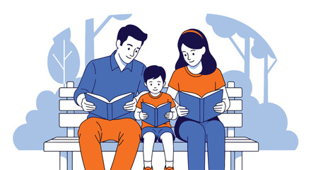 Adobe illustrator artwork vector illustration. A family with a mother, father, and son sitting on a park bench, reading books together. The flat design highlights a peaceful, educational family moment