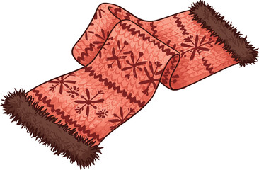 Warm red winter scarf with snowflake pattern, cozy knitted texture, fluffy ends, festive holiday fashion, seasonal accessory, cold weather essential