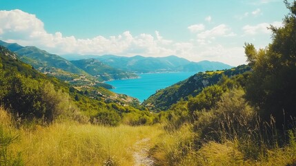 Fototapeta premium Beautiful view the coast italy. A beautiful island in the southeastern part of the island of corfu is a stunning sight for tourists. A beautiful day vistas of green lush summer hills. A lifestyle.