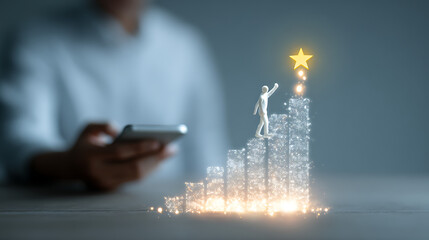 Miniature figure climbing sparkling steps towards a golden star image