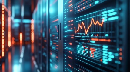 Data center with a graph on the screen. Video of a graph of dynamic data and financial server. A room of financial systems and digital interfaces. Data center featuring a chart displayed on lifestyle.