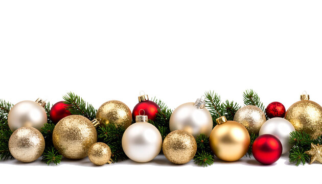 Weihnachtskugeln und festliche Weihnachtsdeko isoliert auf wei&szlig;em Hintergrund