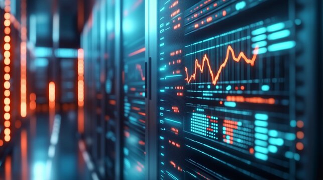 Data center with a graph on the screen. Video of a graph of dynamic data and financial server. A room of financial systems and digital interfaces. Data center featuring a chart displayed on lifestyle.