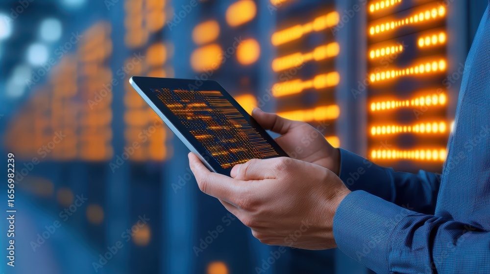 Aufkleber business professional using tablet in data center with rows of server racks and bright led displays