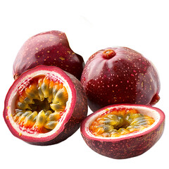 A close up of passion fruit with seeds and purple skin fruit