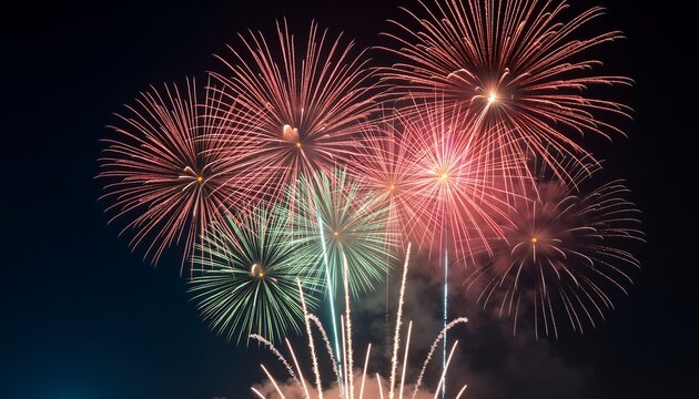 Vibrant red and green fireworks explode against a dark night sky celebration explosion