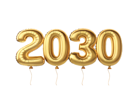 Golden number balloons spelling out the year 2030 isolated on transparent background