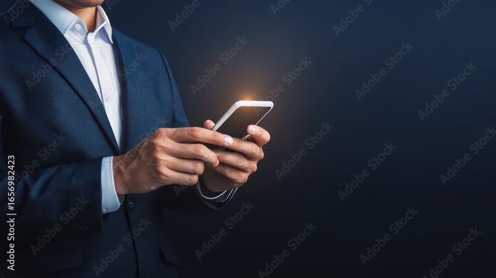 Poster professional man in suit using smartphone with subtle glow in dark background for business and techn