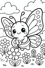 Cute butterfly flying in a flower garden with clouds in the sky vector art