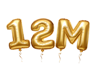 Golden 12m number balloons isolated on transparent background