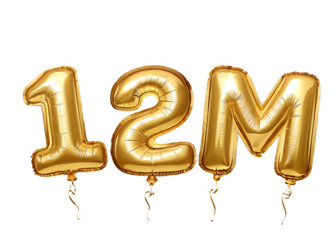 Golden 12m number balloons isolated on transparent background