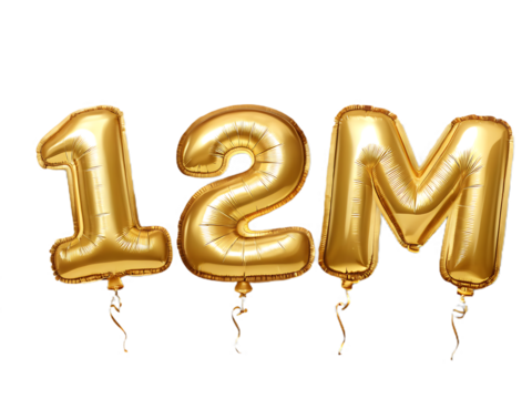Golden 12m number balloons isolated on transparent background