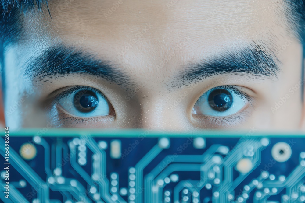 Poster young man looks intently at circuit board with sharp focus and deep interest in technology and innov