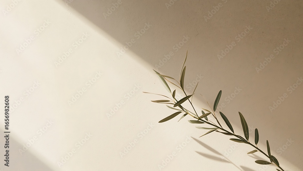 Aufkleber a delicate plant branch casts a soft shadow on a textured beige wall, creating a minimalist and natu