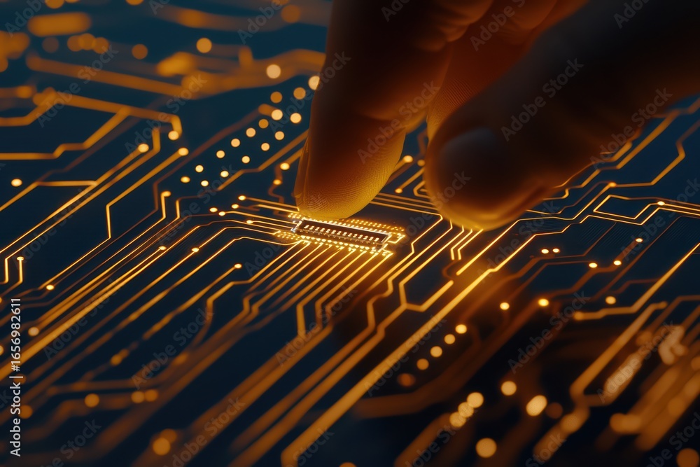 Aufkleber close-up view of a finger touching a glowing circuit board with complex electronic components and co