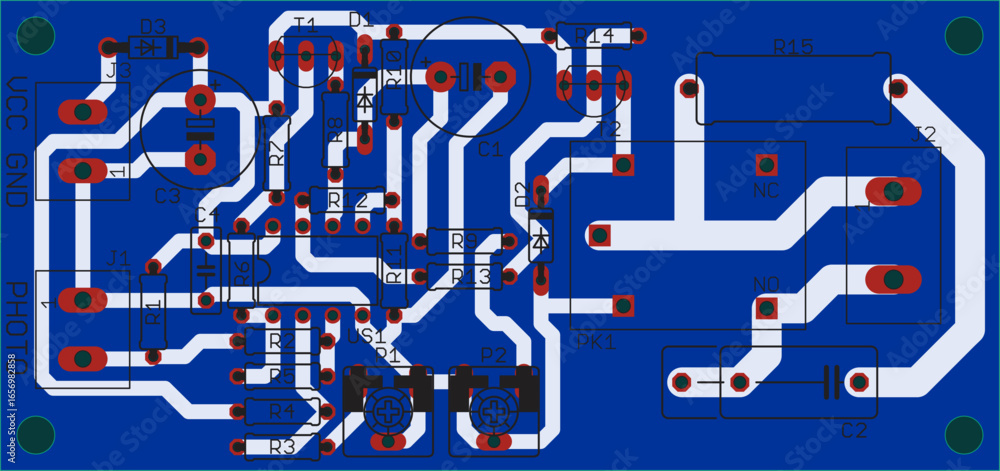 Poster vector printed circuit board of electronic device with components of radio elements, conductors and 