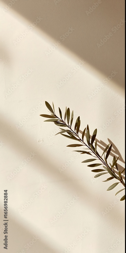 Poster a delicate plant branch casts a soft shadow on a textured beige wall, creating a minimalist and natu