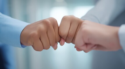 Two Diverse Hands Bumping Fists in a Gesture of Agreement or Celebration in a Bright Office Setting
