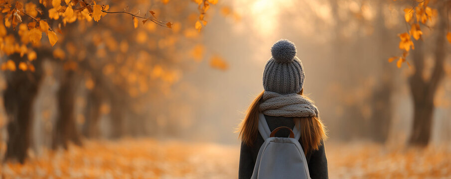 A schoolgirl walking away through a quiet autumn park, wearing a warm knitted hat, scarf, and a backpack. Back view. - Powered by Adobe