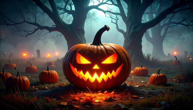 Glowing jack-o'-lantern in a mystical autumnal graveyard, surrounded by smaller pumpkins under a misty twilight sky. - Powered by Adobe
