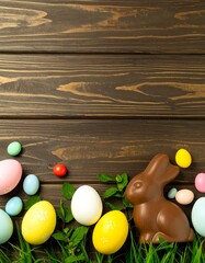 Easter eggs and chocolate bunny on wooden planks