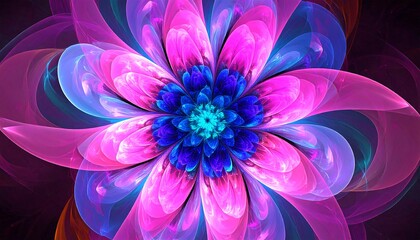 A vibrant, abstract floral design, showcasing a complex arrangement of translucent petals in a dazzling array of pinks, blues, and purples.