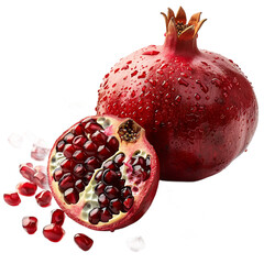 Close up of pomegranate with half and seeds on transparent ground
