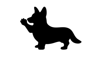 Silhouette of a corgi dog standing on its hind legs and waving its paw in the air on a white background