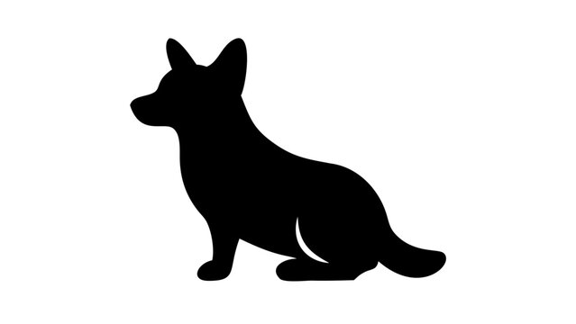 Silhouette of a corgi dog sitting with its ears perked up and tail visible on a white background