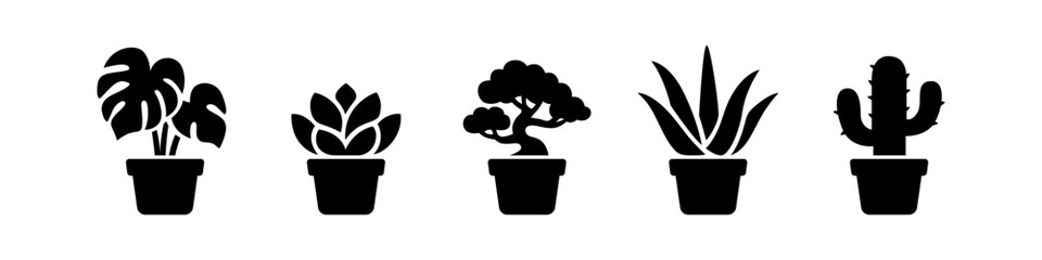 Flowerpot, plants set of filled icons. Houseplants silhouette icon collection.