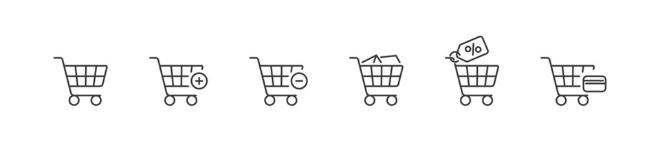 Shopping carts and trolleys set of linear icons. Retail and market basket collection.