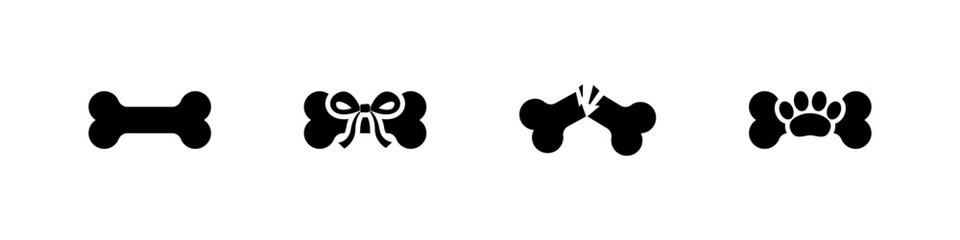 Dog bones, pet food set of filled icons. Animal snack silhouette icon collection.